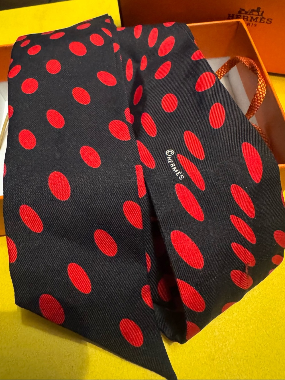 Hermes Black Silk Twilly with Red Polka Dot Print